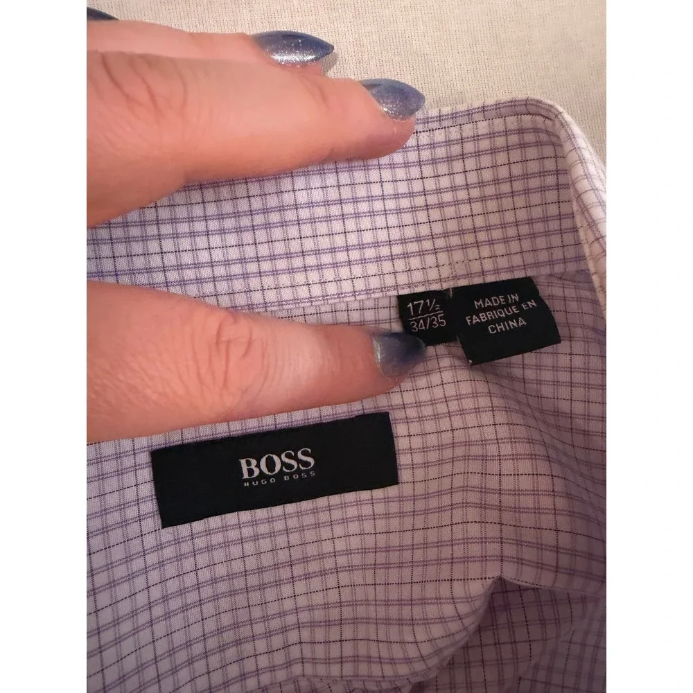 Hugo Boss Mens Purple White Micro Check Button Down Shirt 17.5 34/35 Long Sleeve